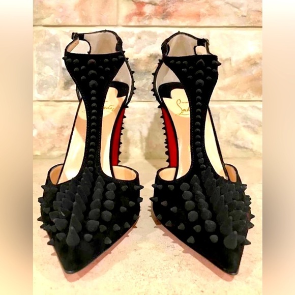 Christian Louboutin “Goldostrap” spiked T-strap, Veau suede 100mm heels EU39.5 - Picture 6 of 9